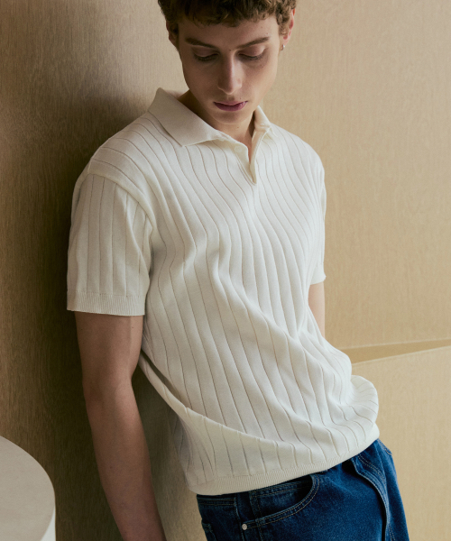 NODU（ノードユー）の「カラーロングリブポロ半袖ニット [アイボリー]（ポロシャツ・メンズ・その他・MEDIUM/LARGE）」の2枚目の写真