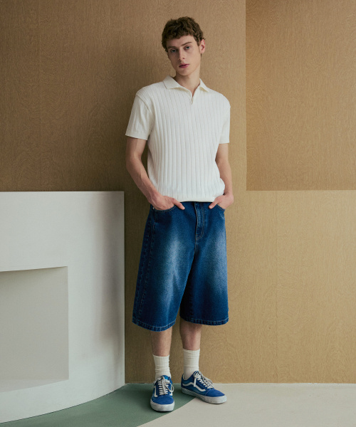NODU（ノードユー）の「カラーロングリブポロ半袖ニット [アイボリー]（ポロシャツ・メンズ・その他・MEDIUM/LARGE）」の4枚目の写真
