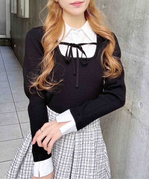 INGNI（イング）の「シャツドッキングフロントリボンニット（ニット/セーター・レディース・ブラック×ホワイト/ベージュ系1/グレー×ホワイト・M）」の4枚目の写真