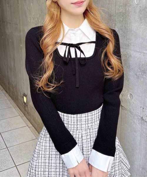 INGNI（イング）の「シャツドッキングフロントリボンニット（ニット/セーター・レディース・ブラック×ホワイト/ベージュ系1/グレー×ホワイト・M）」の5枚目の写真