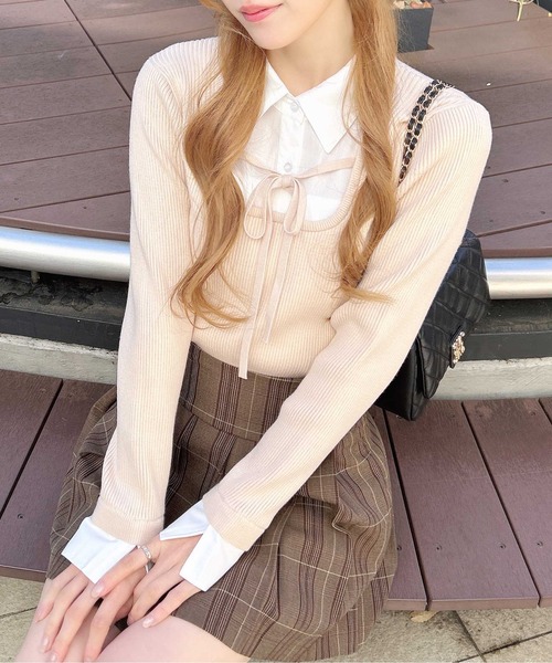 INGNI（イング）の「シャツドッキングフロントリボンニット（ニット/セーター・レディース・ブラック×ホワイト/ベージュ系1/グレー×ホワイト・M）」の16枚目の写真