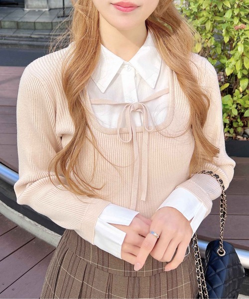 INGNI（イング）の「シャツドッキングフロントリボンニット（ニット/セーター・レディース・ブラック×ホワイト/ベージュ系1/グレー×ホワイト・M）」の17枚目の写真