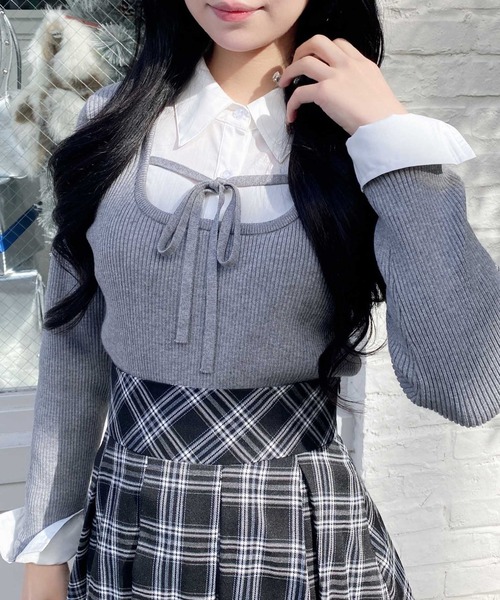 INGNI（イング）の「シャツドッキングフロントリボンニット（ニット/セーター・レディース・ブラック×ホワイト/ベージュ系1/グレー×ホワイト・M）」の11枚目の写真