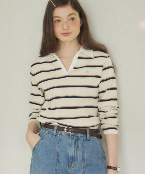 OURHOPE（アワーホープ）の「ストライプオープンカラー長袖Tシャツ - アイボリー（Tシャツ/カットソー・レディース・アイボリー・FREE）」の3枚目の写真