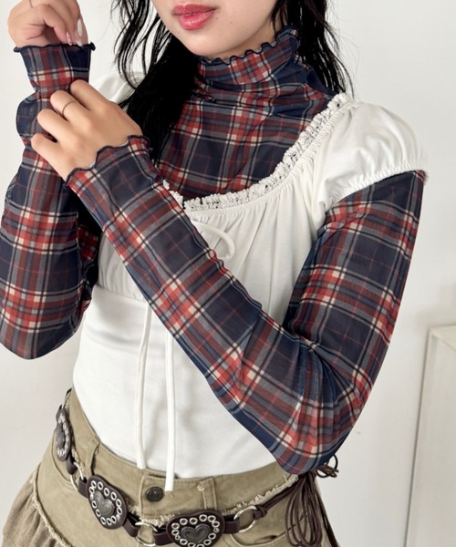 SOLLON.(ソルロン)の「チェックシアーハイネックトップス(Tシャツ/カットソー・レディース・グリーン/ライトブルー/レッド/ネイビー・FREE)」の4枚目の写真