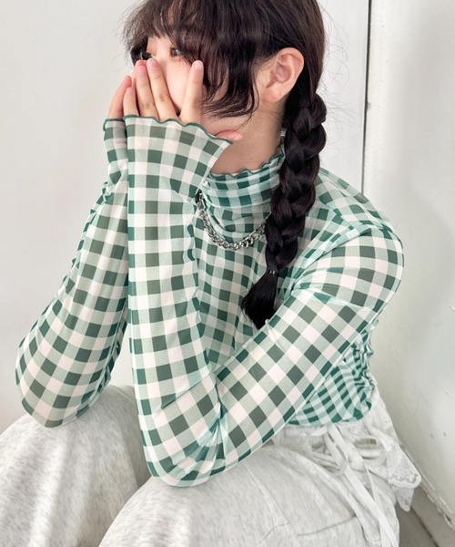 セール】ギンガムチェックシアーハイネックトップス（Tシャツ