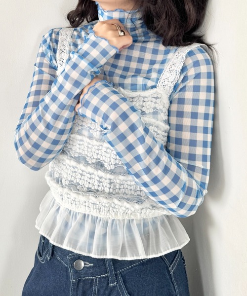 SOLLON.（ソルロン）の「ギンガムチェックシアーハイネックトップス（Tシャツ/カットソー・レディース・グリーン/ライトブルー/レッド・FREE）」の3枚目の写真