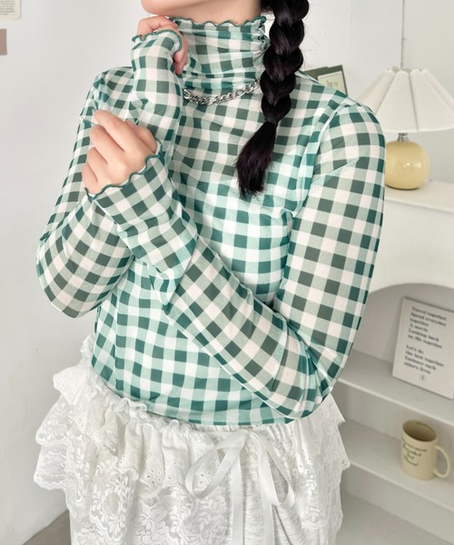 SOLLON.（ソルロン）の「ギンガムチェックシアーハイネックトップス（Tシャツ/カットソー・レディース・グリーン/ライトブルー/レッド・FREE）」の21枚目の写真