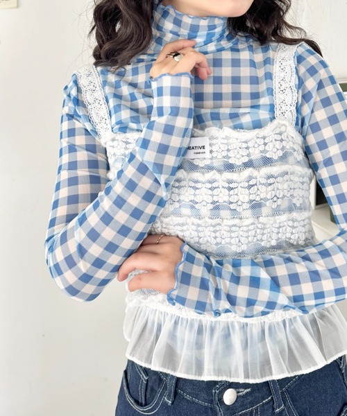 SOLLON.（ソルロン）の「ギンガムチェックシアーハイネックトップス（Tシャツ/カットソー・レディース・グリーン/ライトブルー/レッド・FREE）」の7枚目の写真