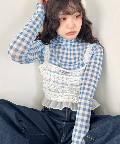 SOLLON.（ソルロン）の「ギンガムチェックシアーハイネックトップス（Tシャツ/カットソー・レディース・グリーン/ライトブルー/レッド・FREE）」の9枚目の写真