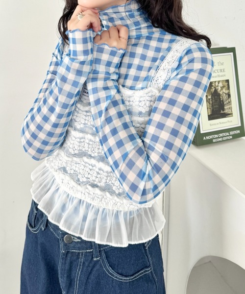 SOLLON.（ソルロン）の「ギンガムチェックシアーハイネックトップス（Tシャツ/カットソー・レディース・グリーン/ライトブルー/レッド・FREE）」の6枚目の写真