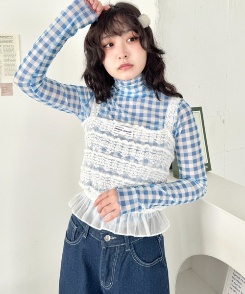 SOLLON.（ソルロン）の「ギンガムチェックシアーハイネックトップス（Tシャツ/カットソー・レディース・グリーン/ライトブルー/レッド・FREE）」の8枚目の写真