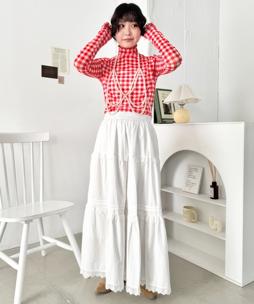 SOLLON.（ソルロン）の「ギンガムチェックシアーハイネックトップス（Tシャツ/カットソー・レディース・グリーン/ライトブルー/レッド・FREE）」の20枚目の写真