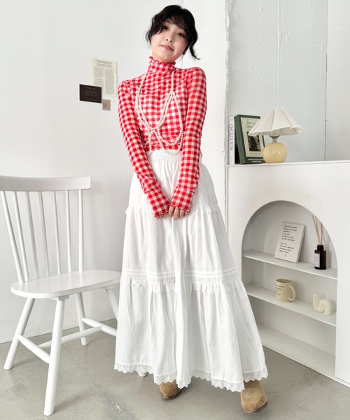 SOLLON.（ソルロン）の「ギンガムチェックシアーハイネックトップス（Tシャツ/カットソー・レディース・グリーン/ライトブルー/レッド・FREE）」の19枚目の写真