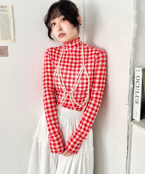 SOLLON.（ソルロン）の「ギンガムチェックシアーハイネックトップス（Tシャツ/カットソー・レディース・グリーン/ライトブルー/レッド・FREE）」の16枚目の写真