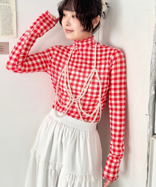 SOLLON.（ソルロン）の「ギンガムチェックシアーハイネックトップス（Tシャツ/カットソー・レディース・グリーン/ライトブルー/レッド・FREE）」の15枚目の写真