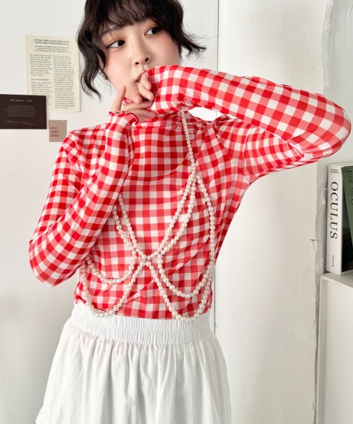 SOLLON.（ソルロン）の「ギンガムチェックシアーハイネックトップス（Tシャツ/カットソー・レディース・グリーン/ライトブルー/レッド・FREE）」の18枚目の写真