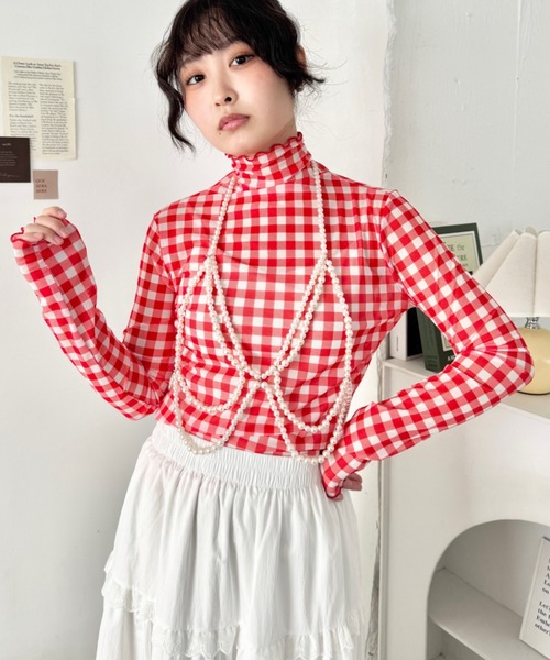 SOLLON.（ソルロン）の「ギンガムチェックシアーハイネックトップス（Tシャツ/カットソー・レディース・グリーン/ライトブルー/レッド・FREE）」の17枚目の写真