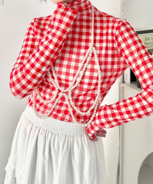 SOLLON.（ソルロン）の「ギンガムチェックシアーハイネックトップス（Tシャツ/カットソー・レディース・グリーン/ライトブルー/レッド・FREE）」の13枚目の写真