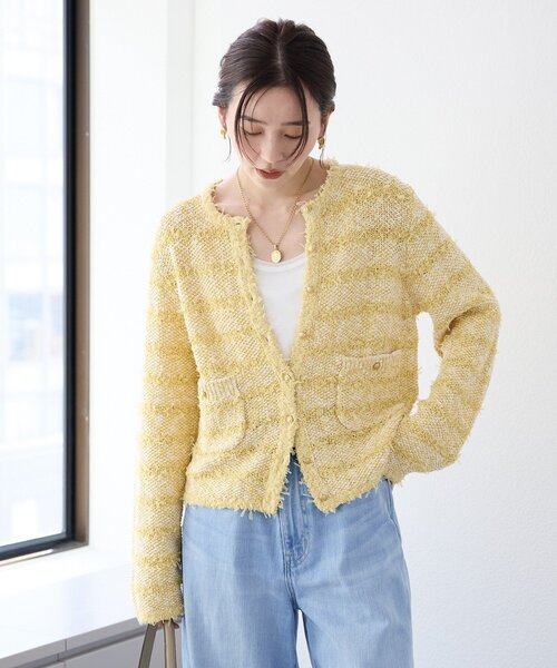 RIVE DROITE（リヴドロワ）の「予約【上品見え】ツイードショートカーディガン（カーディガン/ボレロ・レディース・ネイビー/イエロー・FREE）」の14枚目の写真