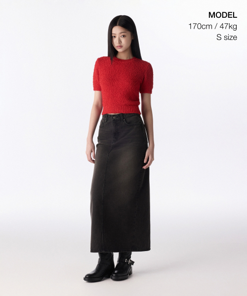 MUSINSA STANDARD WOMAN（ムシンサスタンダードウーマン）の「ウィメンズファンシーヤンクルーネック半袖ニット[レッド]（ニット/セーター・レディース・その他・S/M/L）」の2枚目の写真
