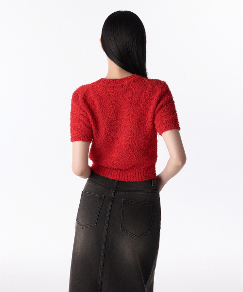 MUSINSA STANDARD WOMAN（ムシンサスタンダードウーマン）の「ウィメンズファンシーヤンクルーネック半袖ニット[レッド]（ニット/セーター・レディース・その他・S/M/L）」の3枚目の写真