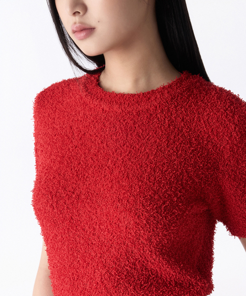 MUSINSA STANDARD WOMAN（ムシンサスタンダードウーマン）の「ウィメンズファンシーヤンクルーネック半袖ニット[レッド]（ニット/セーター・レディース・その他・S/M/L）」の4枚目の写真