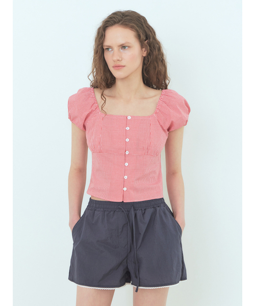 ETMON（エトモン）の「Check Shirring Blouse Red（シャツ/ブラウス・レディース・その他・S/M）」の4枚目の写真