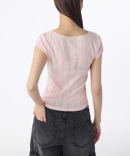 MUSINSA STANDARD WOMAN（ムシンサスタンダードウーマン）の「ウィメンズポイントエルスクエアネックキャップスリーブTシャツ[ライトピンク]（Tシャツ/カットソー・レディース・その他・SMALL/MEDIUM/LARGE/X-SMALL）」の2枚目の写真