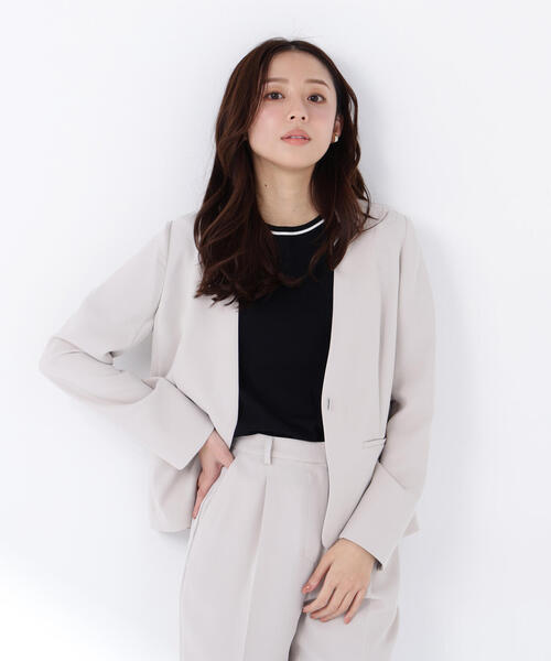 NATURAL BEAUTY BASIC（ナチュラルビューティーベーシック）の「◇ドビーツイル SETUP ノーカラージャケット（ノーカラージャケット・レディース・グレイッシュベージュ/ネイビー・SMALL/MEDIUM/LARGE）」の7枚目の写真