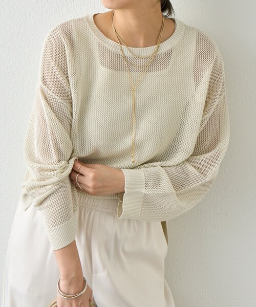 Jena espace merveilleux（ジェナ　エスパスメルヴェイユ）の「【抜け感ニット】メッシュスパンコールニット（ニット/セーター・レディース・ネイビー/アイボリー/ライトグレー・FREE）」の2枚目の写真