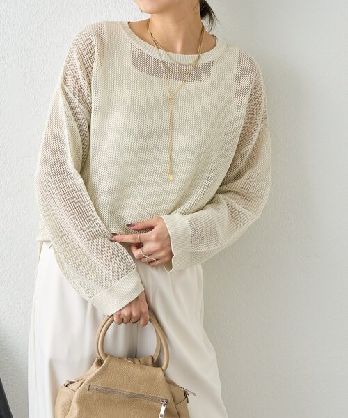 Jena espace merveilleux（ジェナ　エスパスメルヴェイユ）の「【抜け感ニット】メッシュスパンコールニット（ニット/セーター・レディース・ネイビー/アイボリー/ライトグレー・FREE）」の11枚目の写真
