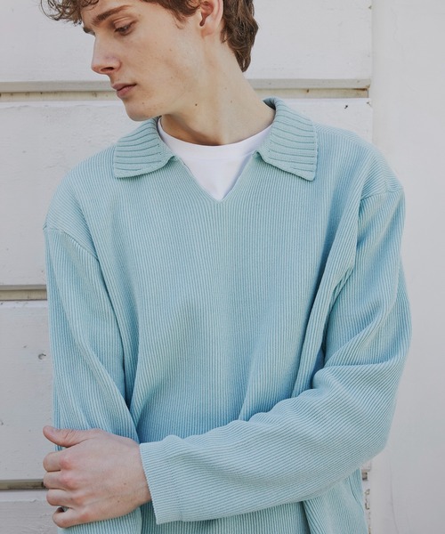 PUBLIC TOKYO(パブリックトウキョウ)の「アゼニットスキッパーポロ /ウォッシャブル/ニット/セーター(ニット/セーター・メンズ・ミント/ダークグレー・2/1)」の9枚目の写真