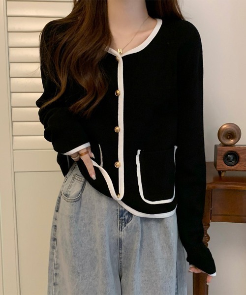 ONEP STAR(ワンピスター)の「配色トリムカーディガン(カーディガン/ボレロ・レディース・ブラック/ベージュ・FREE)」の2枚目の写真
