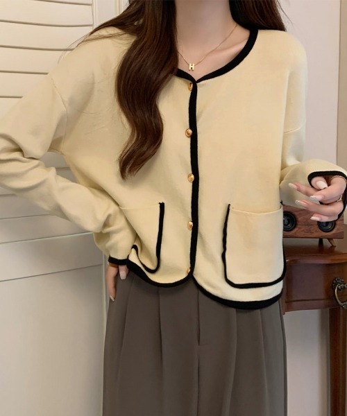 ONEP STAR(ワンピスター)の「配色トリムカーディガン(カーディガン/ボレロ・レディース・ブラック/ベージュ・FREE)」の4枚目の写真