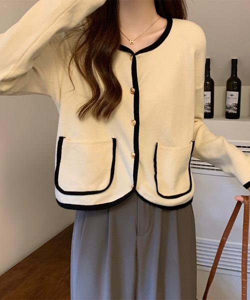 ONEP STAR(ワンピスター)の「配色トリムカーディガン(カーディガン/ボレロ・レディース・ブラック/ベージュ・FREE)」の5枚目の写真