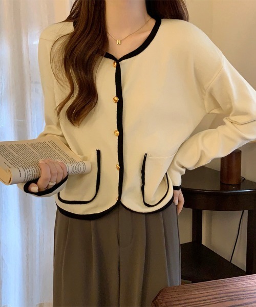 ONEP STAR(ワンピスター)の「配色トリムカーディガン(カーディガン/ボレロ・レディース・ブラック/ベージュ・FREE)」の6枚目の写真