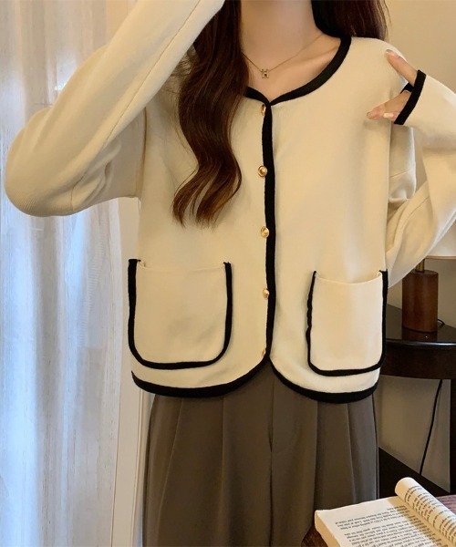 ONEP STAR(ワンピスター)の「配色トリムカーディガン(カーディガン/ボレロ・レディース・ブラック/ベージュ・FREE)」の7枚目の写真