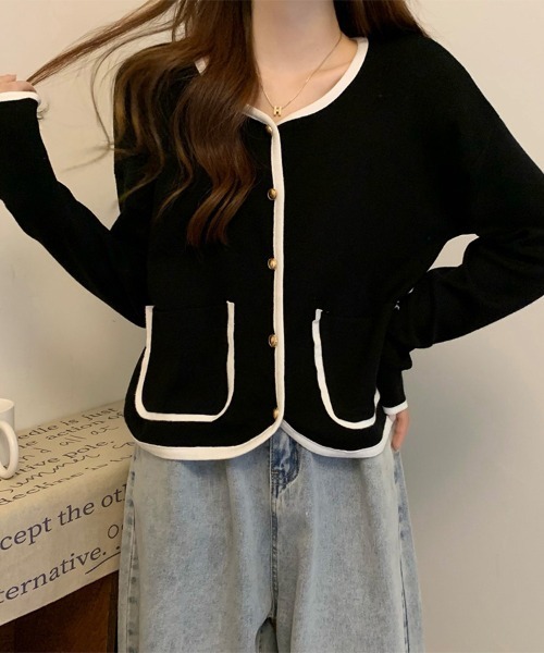 ONEP STAR(ワンピスター)の「配色トリムカーディガン(カーディガン/ボレロ・レディース・ブラック/ベージュ・FREE)」の8枚目の写真