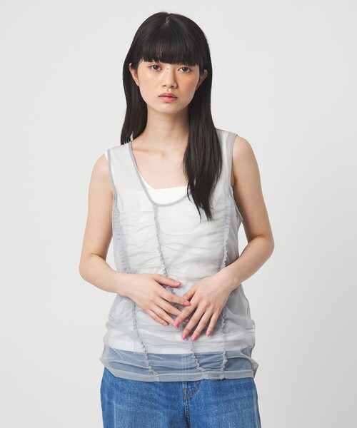 EMMEL REFINES(エメルリファインズ)の「<EMMEL REFINES>EM フリルギャザー チュールレイヤー ノースリーブ(Tシャツ/カットソー・レディース・ライトグレー/クリーム・FREE)」の4枚目の写真