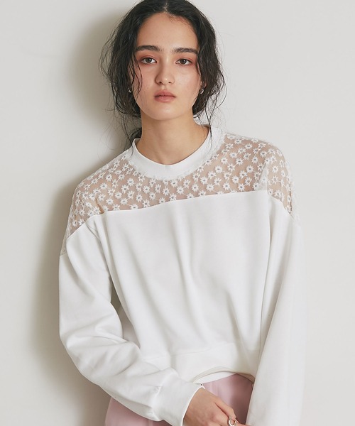 シアーフラワーレース刺繍裏毛プルオーバー（Tシャツ/カットソー