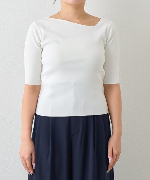 La boutique BonBon（ラブティックボンボン）の「【今すぐお届け！・全骨格おすすめ】クールタッチUVアシメネック5分袖ニット（ニット/セーター・レディース・ホワイト/ピンク/イエロー/ブラック/ネイビー・FREE）」の20枚目の写真