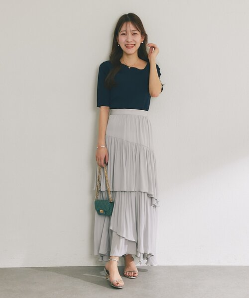 La boutique BonBon（ラブティックボンボン）の「【接触冷感・UVカット】クールタッチUVアシメネック5分袖ニット（ニット/セーター・レディース・ホワイト/ピンク/イエロー/ブラック/ネイビー・FREE）」の9枚目の写真