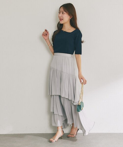 La boutique BonBon（ラブティックボンボン）の「【接触冷感・UVカット】クールタッチUVアシメネック5分袖ニット（ニット/セーター・レディース・ホワイト/ピンク/イエロー/ブラック/ネイビー・FREE）」の11枚目の写真