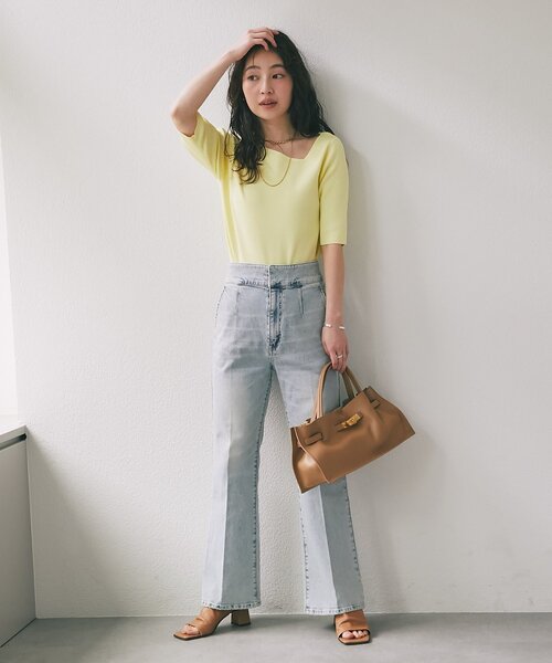 La boutique BonBon（ラブティックボンボン）の「【今すぐお届け！・全骨格おすすめ】クールタッチUVアシメネック5分袖ニット（ニット/セーター・レディース・ホワイト/ピンク/イエロー/ブラック/ネイビー・FREE）」の11枚目の写真