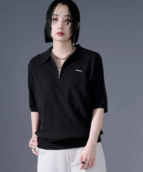 Ellno Loset(エルノロゼット)の「ケーブルハーフジップニット(ポロシャツ・メンズ・オフホワイト/ブラック・SMALL/LARGE/MEDIUM)」の11枚目の写真