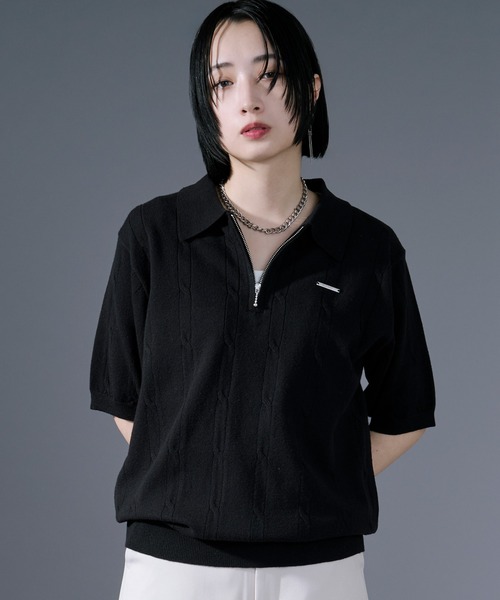 Ellno Loset(エルノロゼット)の「ケーブルハーフジップニット(ポロシャツ・メンズ・オフホワイト/ブラック・SMALL/LARGE/MEDIUM)」の12枚目の写真