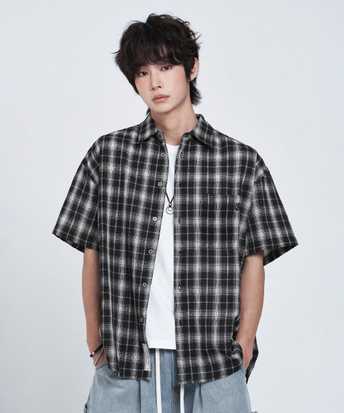 LEMAIN SECOND（リメインセカンド）の「チェックオーバーサイズ半袖シャツ[ブラック]（Tシャツ/カットソー・レディース・その他・MEDIUM/LARGE）」の2枚目の写真