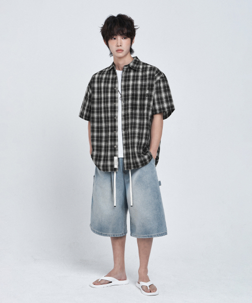LEMAIN SECOND（リメインセカンド）の「チェックオーバーサイズ半袖シャツ[ブラック]（Tシャツ/カットソー・レディース・その他・MEDIUM/LARGE）」の4枚目の写真