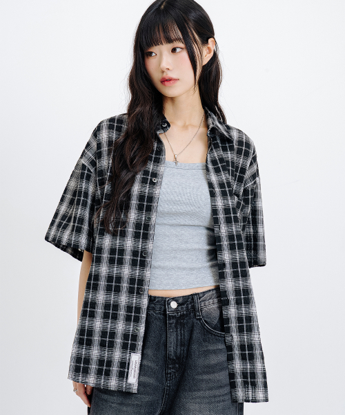 LEMAIN SECOND（リメインセカンド）の「チェックオーバーサイズ半袖シャツ[ブラック]（Tシャツ/カットソー・レディース・その他・MEDIUM/LARGE）」の7枚目の写真